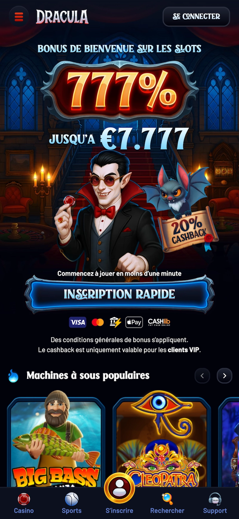 Page d’accueil mobile de Dracula Casino en français affichant le bonus de bienvenue 777 % jusqu’à 7 777 €, le bouton inscription rapide et les moyens de paiement Visa, Mastercard et Cashlib.