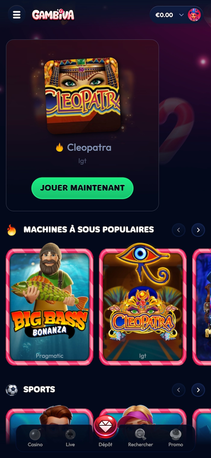 Interface mobile de la page d&rsquo;accueil du casino Gambiva montrant le jeu Cleopatra mis en avant avec bouton &ldquo;Jouer maintenant&rdquo; et acc&egrave;s rapide aux sections casino et sports.