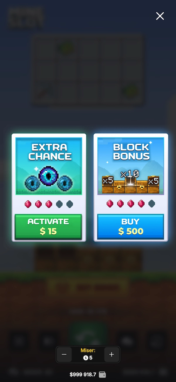 Menu d'achat de bonus sur Mine Slot avec deux options disponibles, Extra Chance &agrave; 15 dollars et Block Bonus &agrave; 500 dollars, avec des multiplicateurs jusqu'&agrave; x10