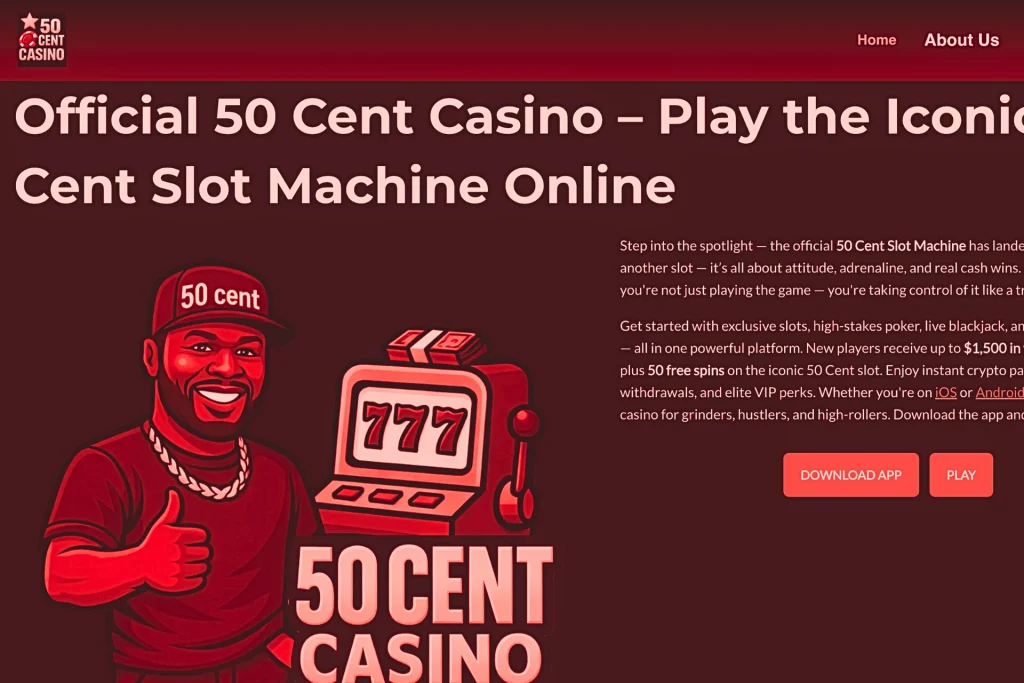 Illustration d’un faux casino 50 Cent avec un personnage cartoon inspiré du rappeur, une machine à sous 777 et des promesses de gains, utilisé pour promouvoir une arnaque de casino en ligne non officielle.