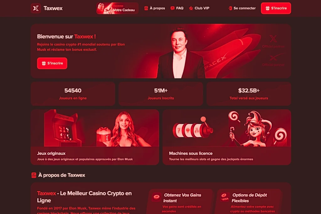 Page d’accueil du faux casino Taxwex utilisant l’image d’Elon Musk sans autorisation, avec fausses statistiques de joueurs, promesses de gains élevés et mentions trompeuses pour inciter au dépôt d’argent.