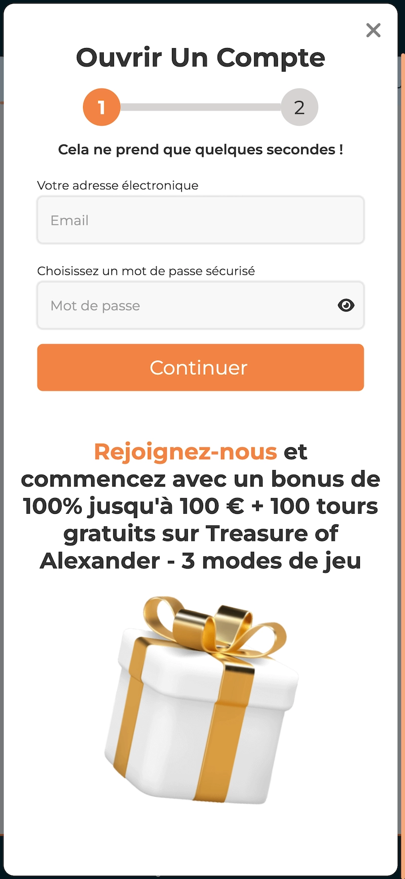Formulaire d&rsquo;inscription Alexander Casino affichant la cr&eacute;ation de compte par email et mot de passe avec bonus de 100 &euro; et 100 tours gratuits sur Treasure of Alexander.
