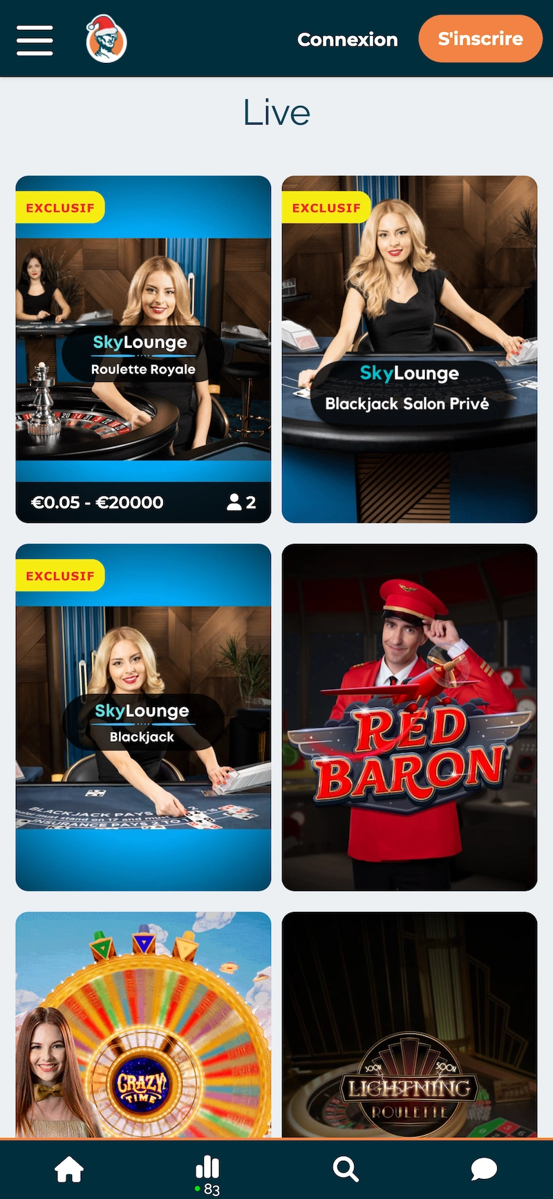 Section casino live d&rsquo;Alexander Casino sur mobile avec tables exclusives de roulette et blackjack, croupiers en direct et boutons connexion et inscription visibles.