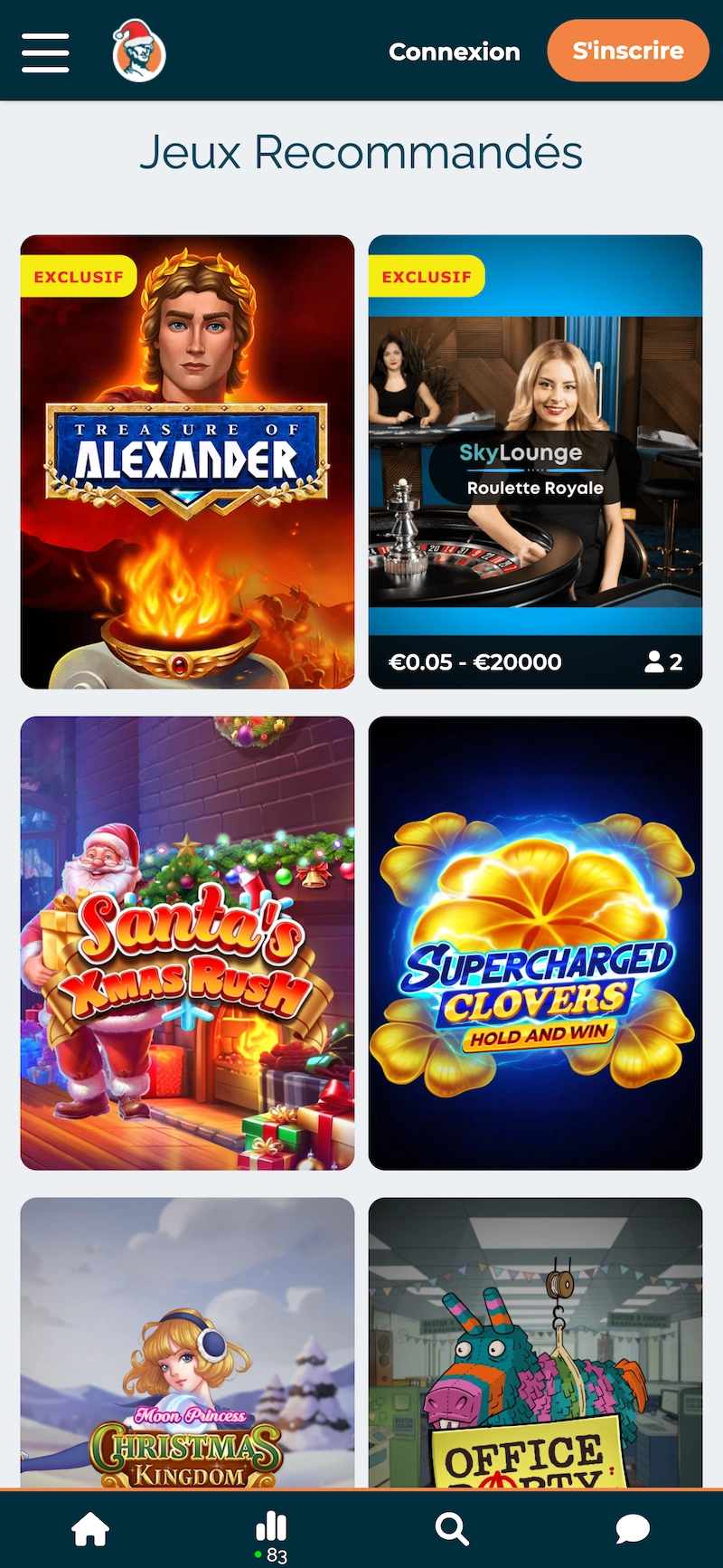 Page jeux recommand&eacute;s d&rsquo;Alexander Casino sur mobile avec titres exclusifs comme Treasure of Alexander, SkyLounge Roulette Royale et machines &agrave; sous festives.