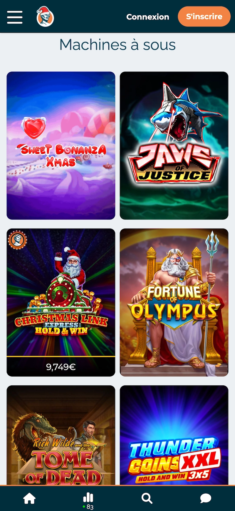 S&eacute;lection de machines &agrave; sous sur Alexander Casino mobile avec jeux populaires comme Sweet Bonanza Xmas, Jaws of Justice et Fortune of Olympus.