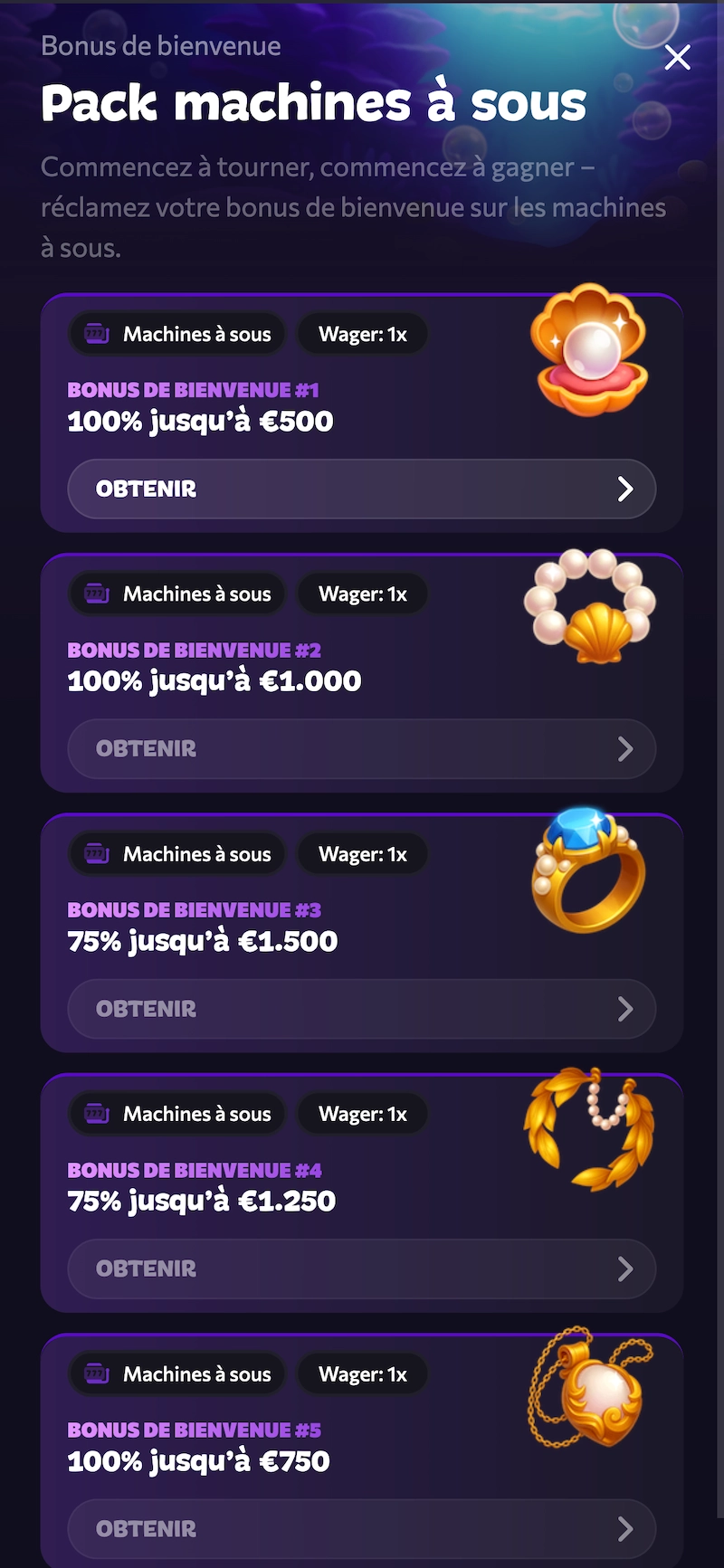 Page bonus de bienvenue d&rsquo;Aphrodite Casino affichant le pack machines &agrave; sous avec cinq bonus successifs jusqu&rsquo;&agrave; 5 000 &euro; et wager x1