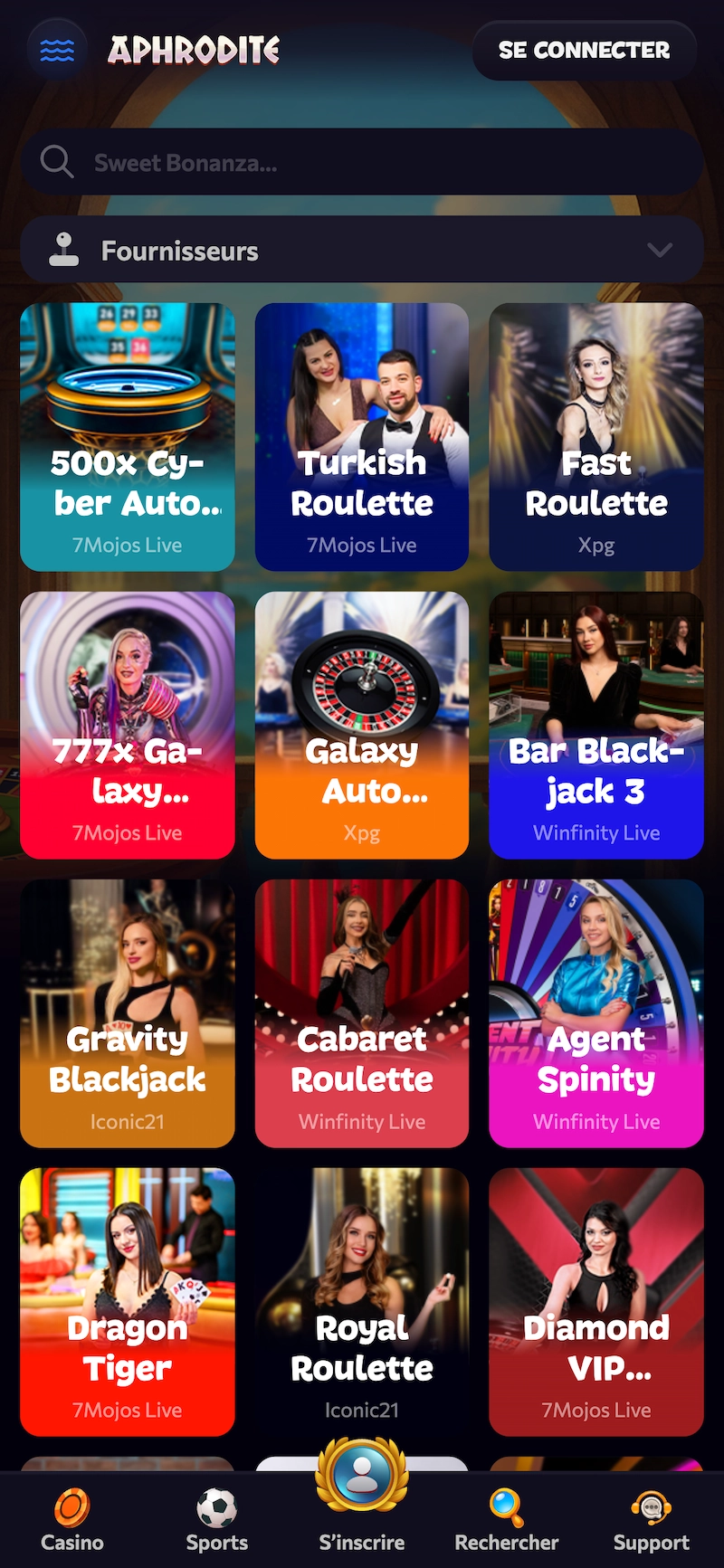 Page casino live d&rsquo;Aphrodite Casino montrant les tables de roulette, blackjack et Dragon Tiger avec croupiers en direct et acc&egrave;s mobile