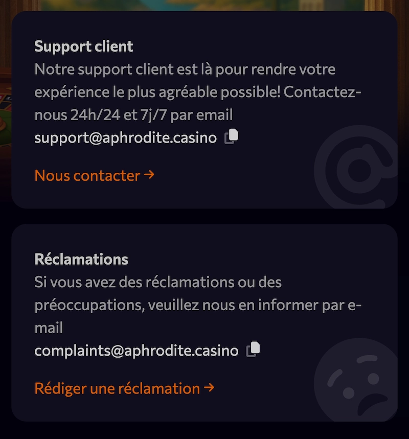 Page support client d&rsquo;Aphrodite Casino affichant les options de contact par email 24h/24 et 7j/7 avec liens pour contacter le support ou envoyer une r&eacute;clamation