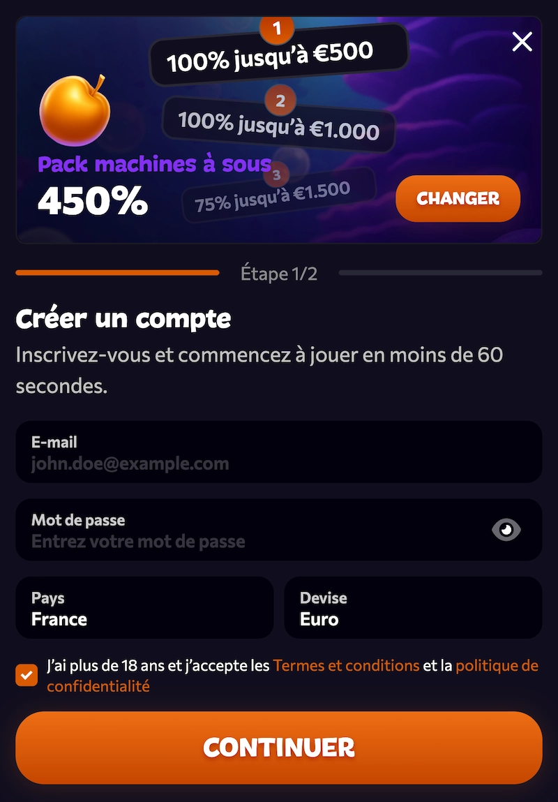 Page d&rsquo;inscription d&rsquo;Aphrodite Casino affichant le formulaire de cr&eacute;ation de compte avec email, mot de passe, pays, devise et bonus s&eacute;lectionn&eacute;
