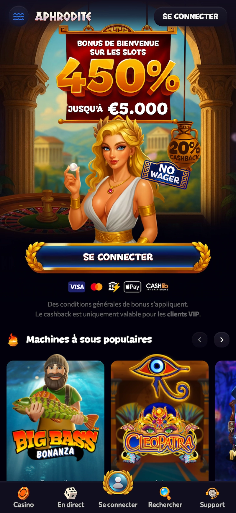 Version mobile d&rsquo;Aphrodite Casino sur iPhone 14 Pro Max montrant l&rsquo;interface responsive avec acc&egrave;s rapide aux jeux, sports, recherche et support