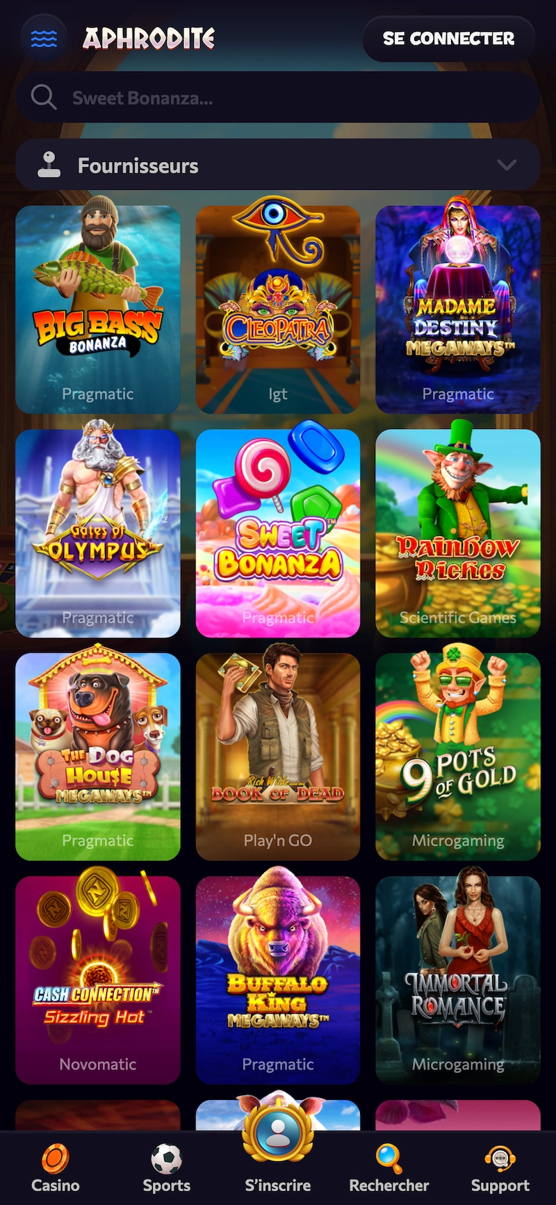 Page jeux de casino d&rsquo;Aphrodite Casino montrant une s&eacute;lection de machines &agrave; sous populaires comme Big Bass Bonanza, Sweet Bonanza et Gates of Olympus