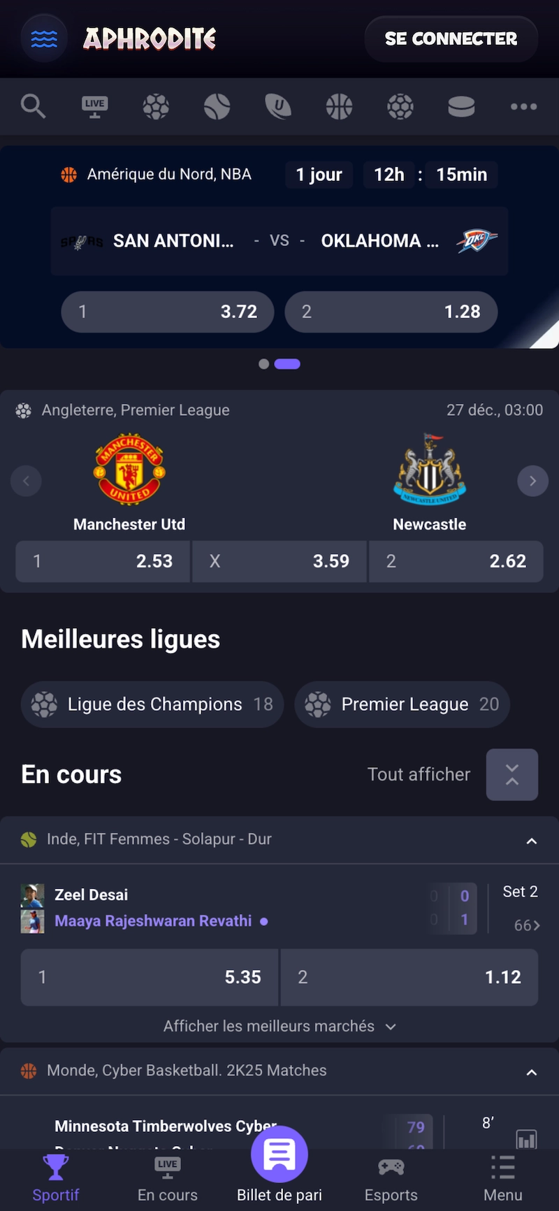 Page paris sportifs d&rsquo;Aphrodite Casino affichant les cotes football, NBA et autres sports avec interface de paris en direct sur mobile