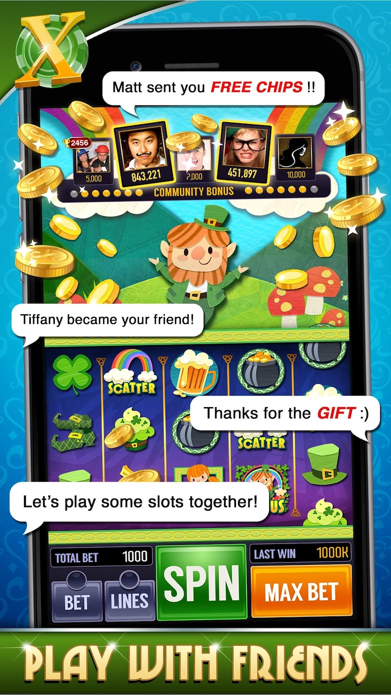Illustration de l&rsquo;application mobile Casino X montrant une machine &agrave; sous color&eacute;e sur smartphone, avec des pi&egrave;ces dor&eacute;es, un personnage cartoon et des messages sociaux comme &ldquo;Matt sent you FREE CHIPS&rdquo; et &ldquo;Play with friends&rdquo;, mettant en avant le c&ocirc;t&eacute; social et multijoueur de Casino X.