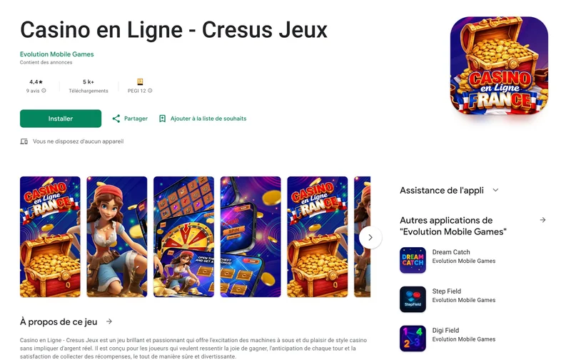 Page Play Store de l'application Casino en Ligne Cresus Jeux par Evolution Mobile Games, avec 4,4 &eacute;toiles, 5 000 t&eacute;l&eacute;chargements et des captures d'&eacute;cran du jeu en argent fictif.