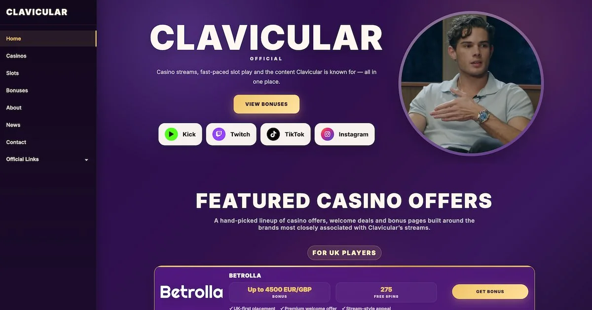 Page d'accueil du faux site clavicular-official.com qui utilise le nom et la photo du streamer Clavicular pour promouvoir des casinos en ligne sans son autorisation.