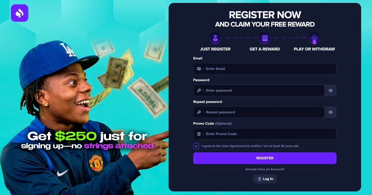 Page d'inscription du faux site casino iShowSpeed avec sa photo en arri&egrave;re-plan, un formulaire d'email et mot de passe, et le message Get 250 dollars just for signing up sur fond turquoise.