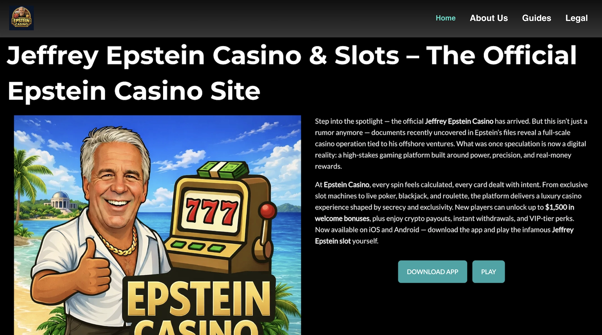 Page d’accueil du faux site Jeffrey Epstein Casino & Slots avec une illustration caricaturale de Jeffrey Epstein devant une machine à sousq qui montre les chiffres 777 et un texte qui présente un prétendu casino officiel.