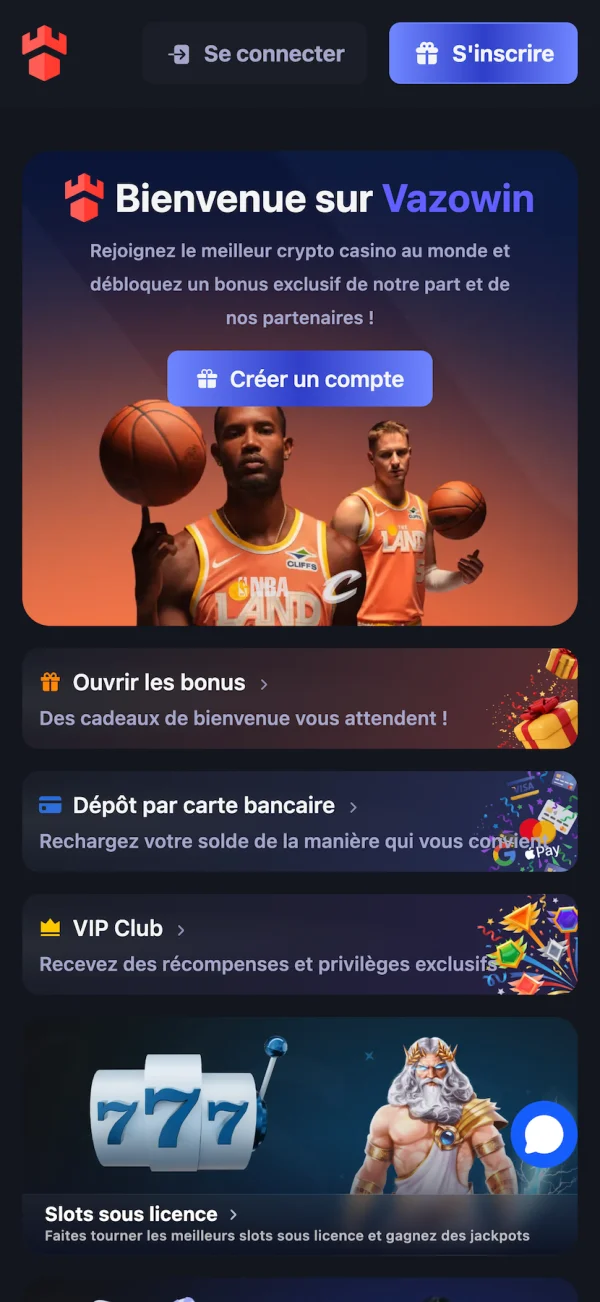 Page d'accueil de l'arnaque Vazowin sur mobile, avec deux basketteurs des Cleveland Cavaliers et un gros bouton &laquo; Cr&eacute;er un compte &raquo; qui pousse &agrave; s'inscrire au faux casino.