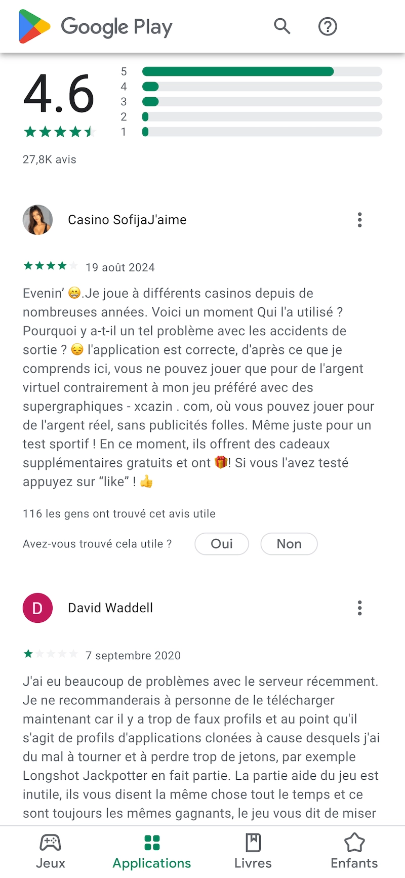 Capture d&rsquo;&eacute;cran des avis Google Play sur l&rsquo;application Casino X en fran&ccedil;ais, avec une note moyenne &eacute;lev&eacute;e, des commentaires de joueurs parlant de jetons virtuels, de divertissement, mais aussi de frustrations li&eacute;es &agrave; la perte de jetons et &agrave; l&rsquo;absence de gains en argent r&eacute;el.