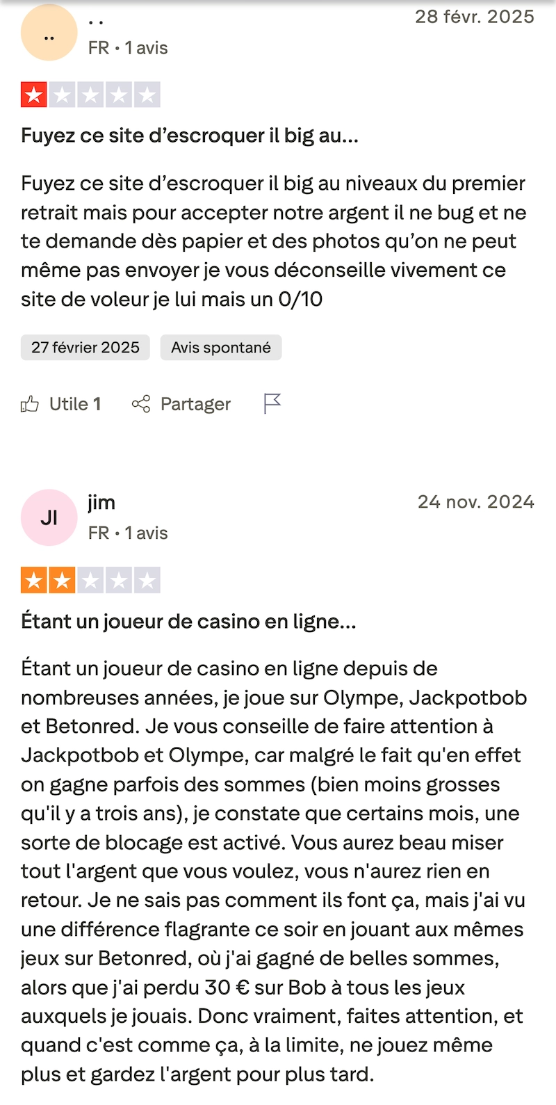 Avis d&eacute;taill&eacute; d&rsquo;un joueur fran&ccedil;ais sur Trustpilot expliquant des pertes r&eacute;p&eacute;t&eacute;es sur Jackpot Bob, parlant de blocages inexpliqu&eacute;s certains mois et comparant ses r&eacute;sultats avec d&rsquo;autres casinos, accompagn&eacute; d&rsquo;une note n&eacute;gative