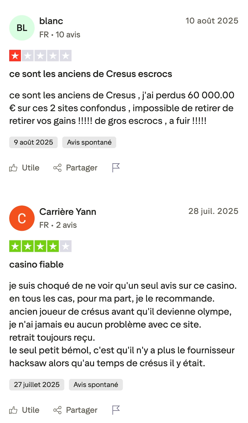 Avis contrast&eacute;s de joueurs fran&ccedil;ais sur Trustpilot &agrave; propos d&rsquo;Olympe Casino, incluant une accusation d&rsquo;arnaque li&eacute;e &agrave; l&rsquo;ancien casino Cresus et un avis positif mentionnant des retraits re&ccedil;us avant la fermeture du site.