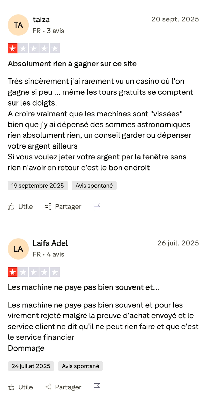 Avis négatifs de joueurs sur Trustpilot concernant La Riviera Casino, avec plusieurs commentaires dénonçant une arnaque, des pertes d’argent et recommandant de ne surtout pas déposer sur le site.