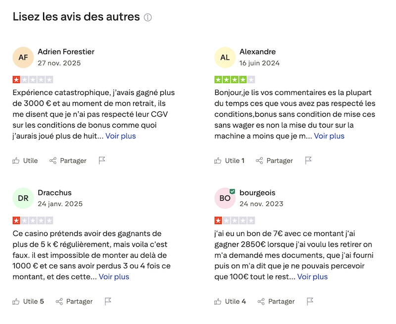 Avis n&eacute;gatifs de joueurs sur Prince Ali Casino montrant plusieurs t&eacute;moignages Trustpilot avec des plaintes sur des retraits refus&eacute;s, des gains bloqu&eacute;s apr&egrave;s v&eacute;rification et des bonus utilis&eacute;s comme pr&eacute;texte pour ne pas payer les joueurs.