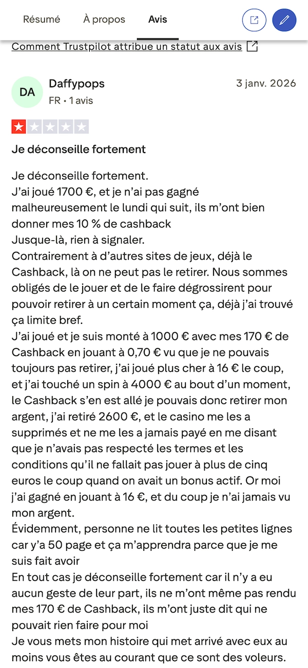 Avis n&eacute;gatif sur Trustpilot concernant Julius Casino, o&ugrave; un joueur explique avoir perdu de l&rsquo;argent, vu ses gains annul&eacute;s et n&rsquo;avoir jamais &eacute;t&eacute; pay&eacute; apr&egrave;s un retrait, avec une note d&rsquo;une &eacute;toile et un long t&eacute;moignage d&eacute;taill&eacute;.