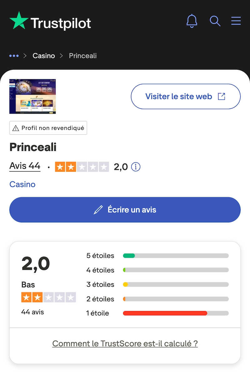 Page Trustpilot de Prince Ali Casino affichant une note moyenne de 2 sur 5 bas&eacute;e sur 44 avis, avec une majorit&eacute; d&rsquo;avis 1 &eacute;toile et de nombreuses critiques concernant les retraits, le service client et les conditions de bonus.