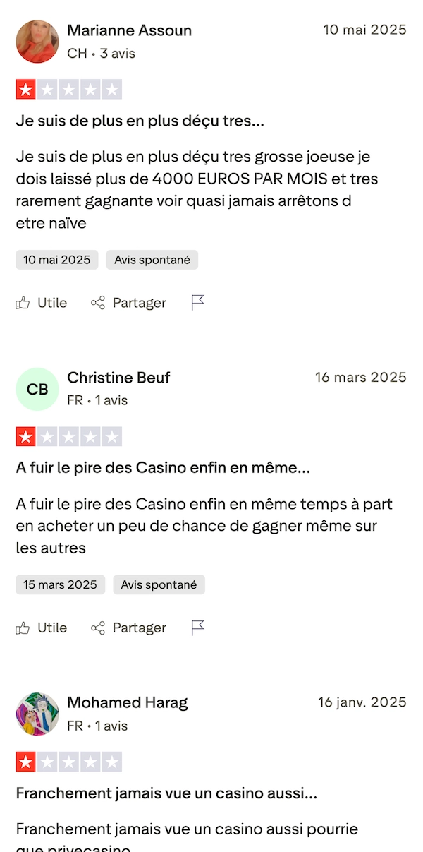 Captures d&rsquo;avis Trustpilot sur Casino Priv&eacute; montrant des joueurs d&eacute;non&ccedil;ant pertes importantes, comptes bloqu&eacute;s sans explication et retraits jamais pay&eacute;s.