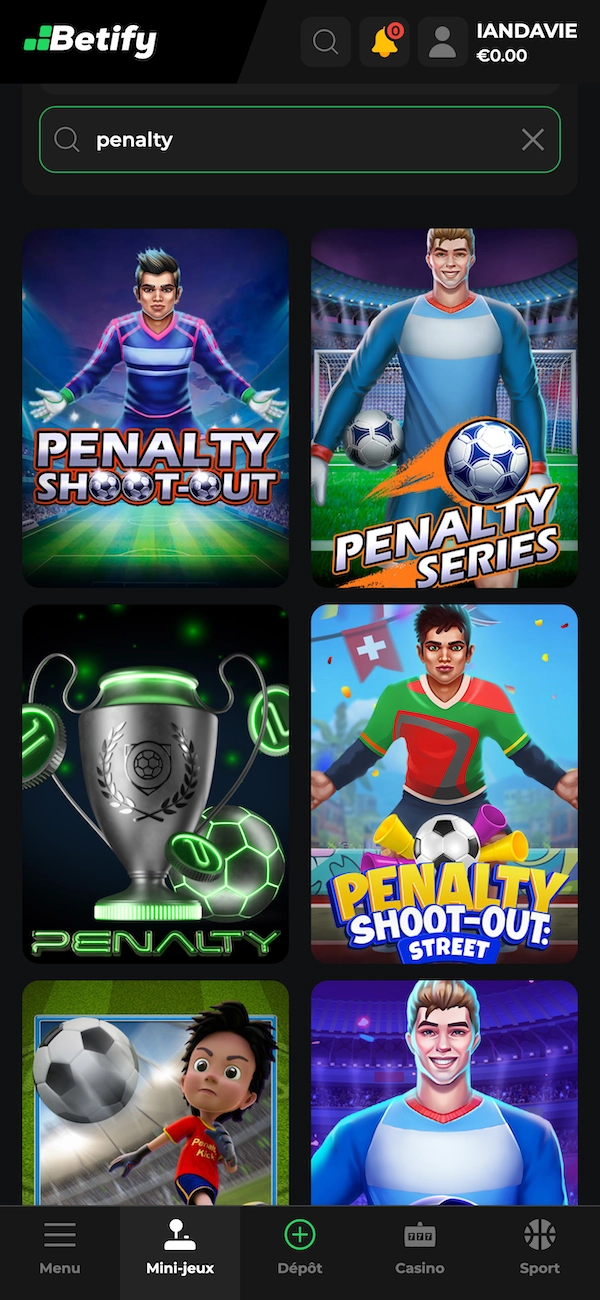 Jeux du penalty disponibles sur Betify en version mobile avec Penalty Shoot-Out, Penalty Series, Penalty et Penalty Shoot-Out Street affich&eacute;s dans la section mini-jeux.