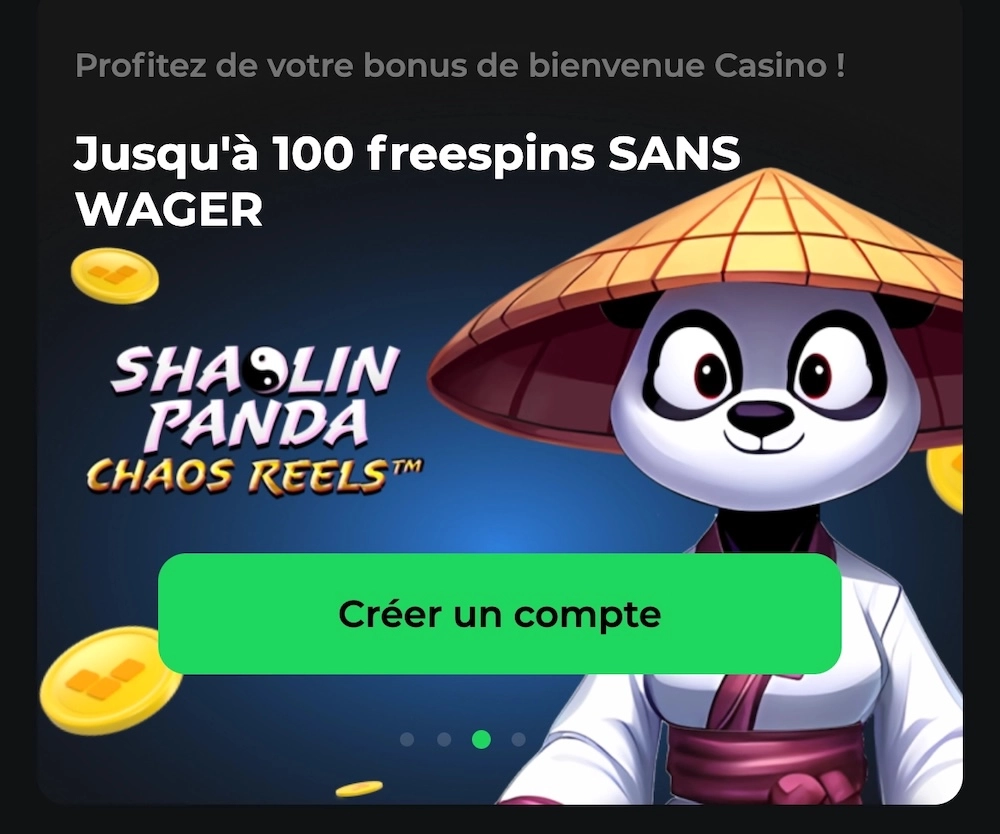Bonus de bienvenue du casino Betify affichant jusqu&rsquo;&agrave; 100 free spins sans wager sur la machine Shaolin Panda avec bouton cr&eacute;er un compte