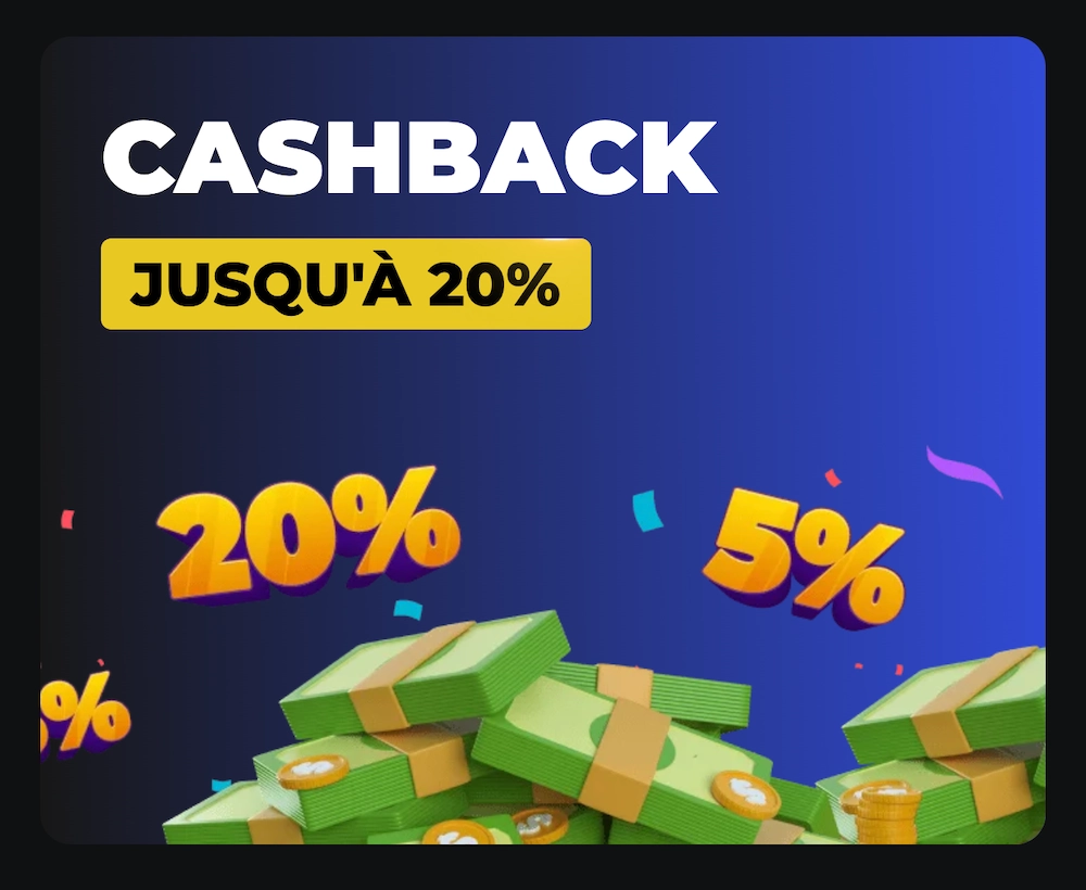 Promotion cashback du casino Betify avec remboursement jusqu&rsquo;&agrave; 20 % illustr&eacute; par des piles de billets et des pourcentages mis en avant