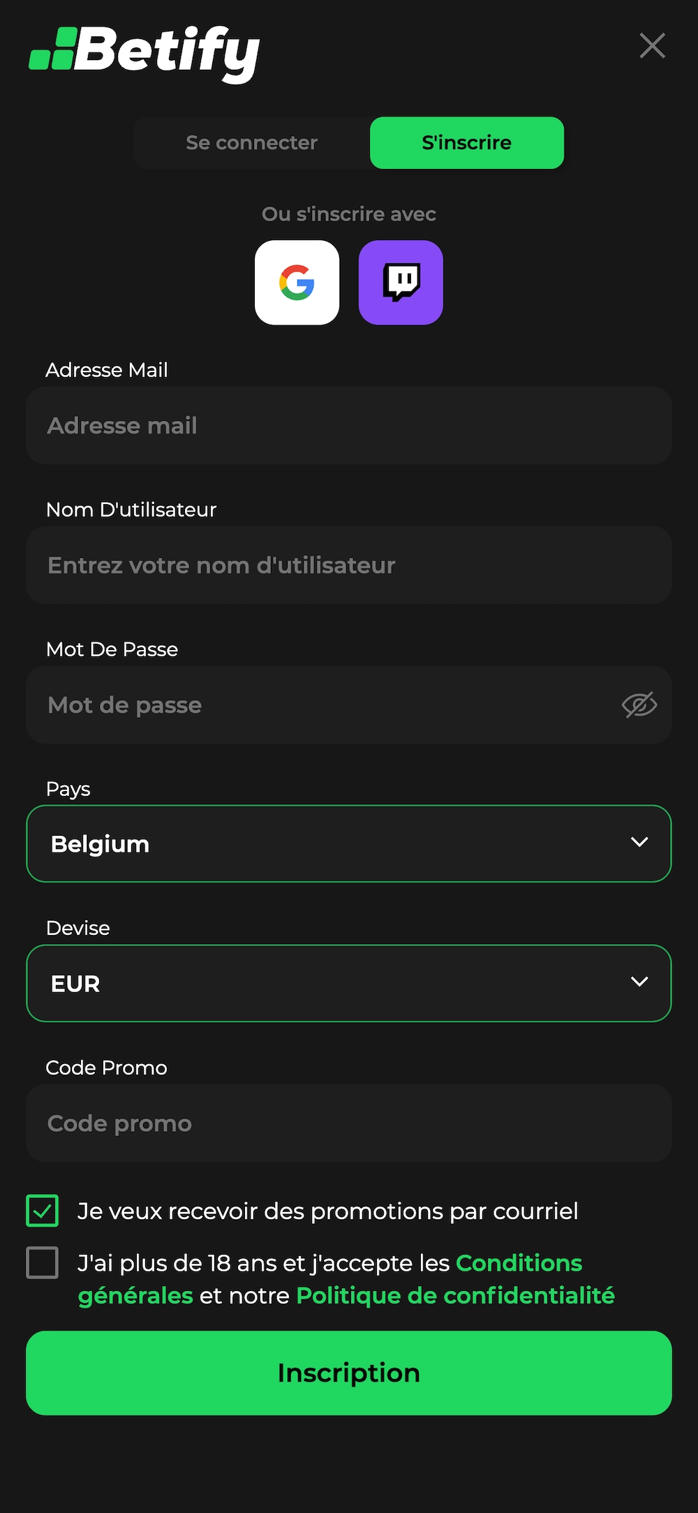 Formulaire d&rsquo;inscription du casino Betify avec email, nom d&rsquo;utilisateur, mot de passe, choix du pays et devise en euros