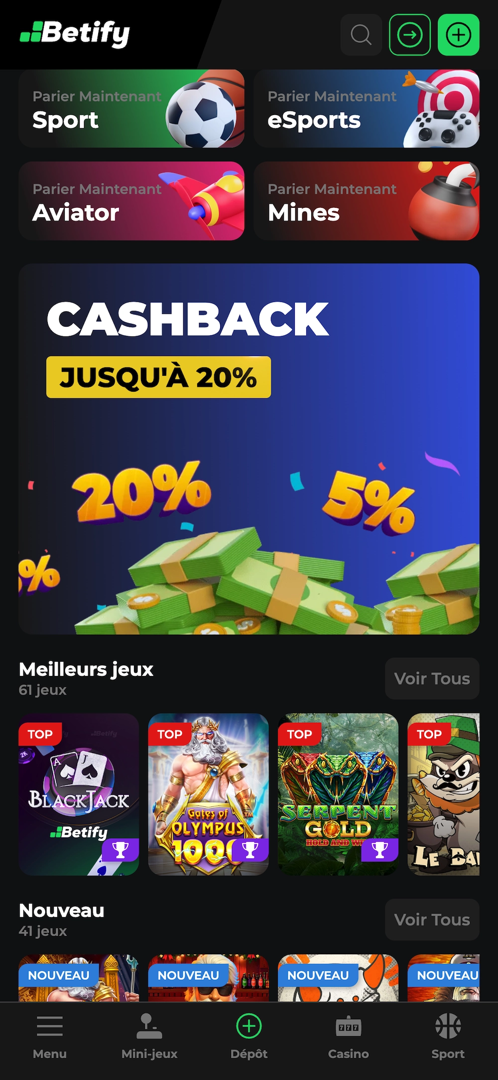 Design mobile du casino Betify affichant bonus, cashback, jeux populaires et navigation principale sur smartphone
