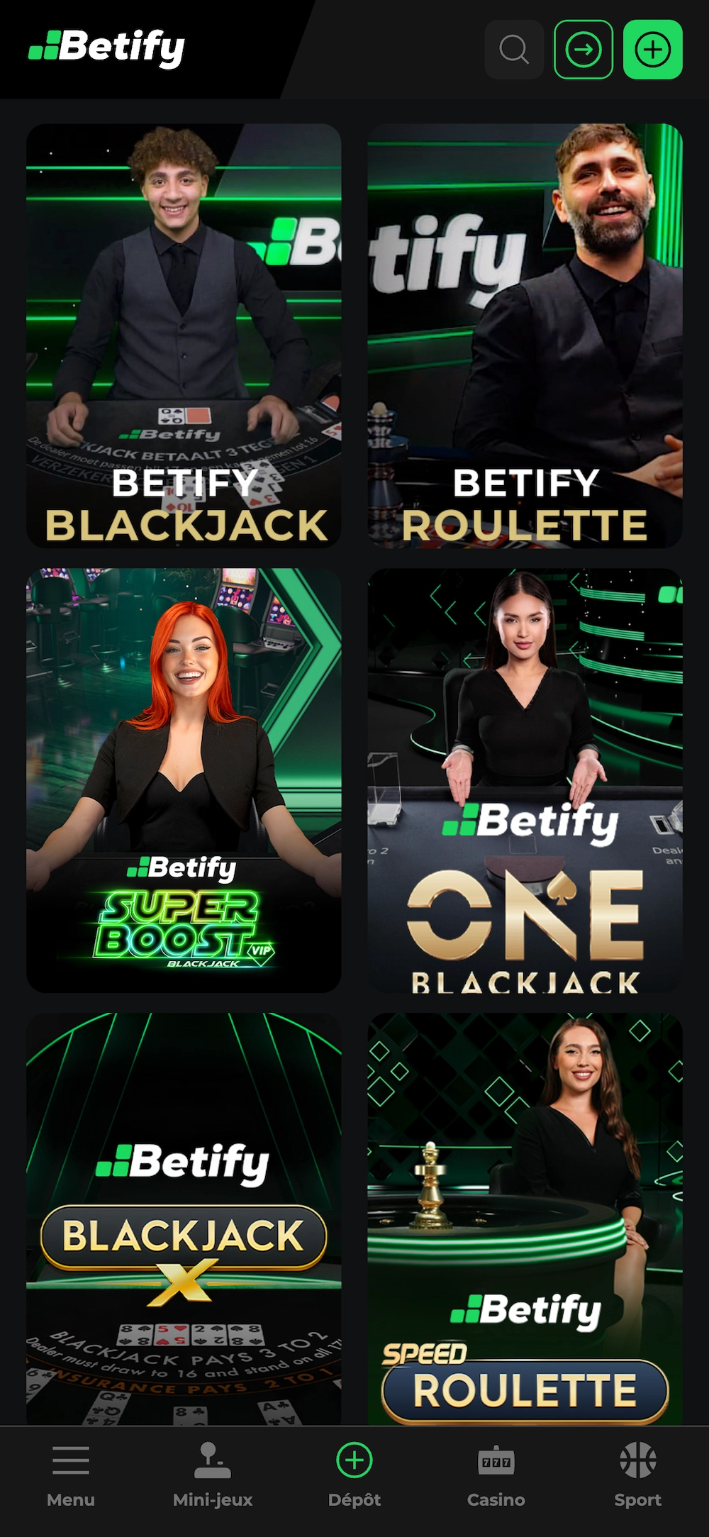 Section casino live du casino Betify avec tables de blackjack et roulette anim&eacute;es par des croupiers en direct