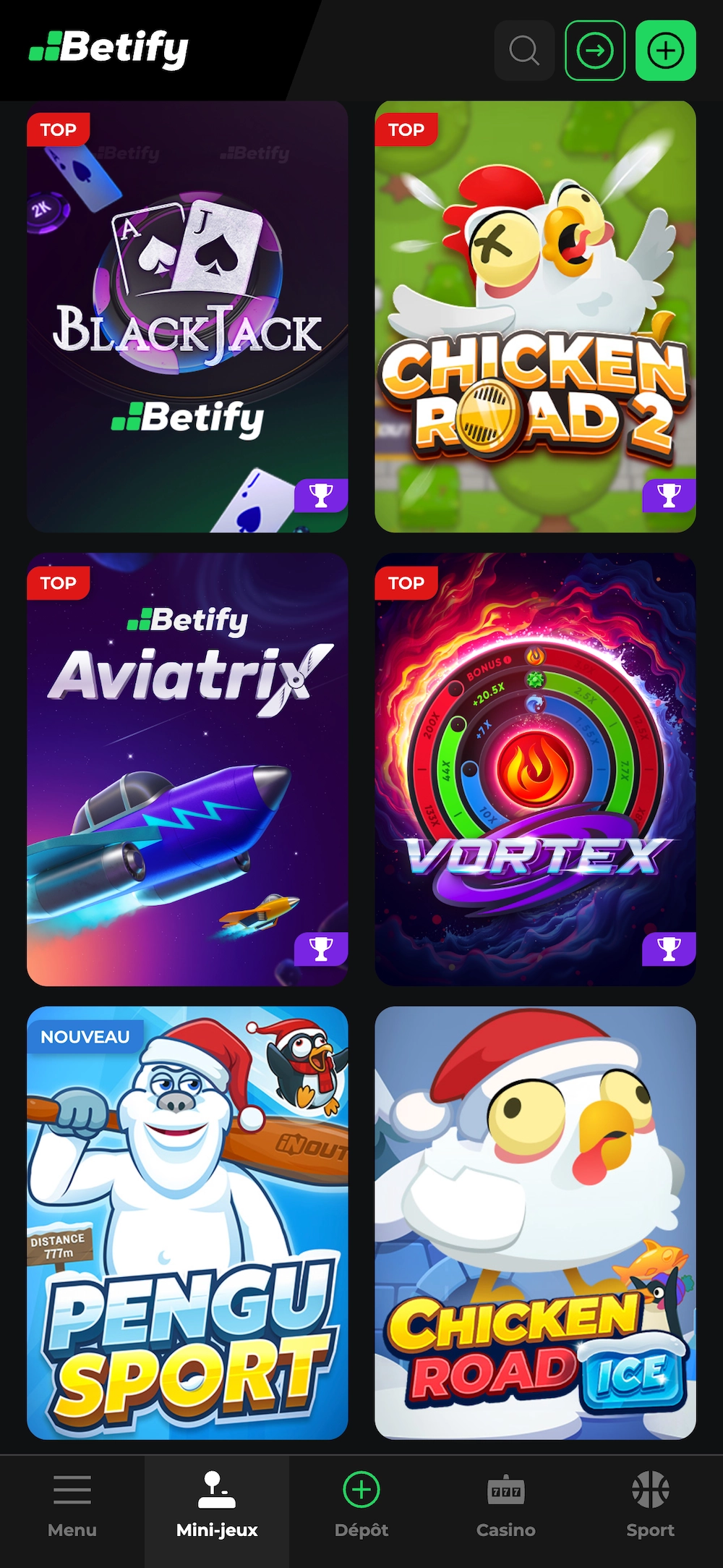 Section mini-jeux du casino Betify sur mobile avec Aviator, Mines, Chicken Road et autres jeux rapides accessibles depuis le menu