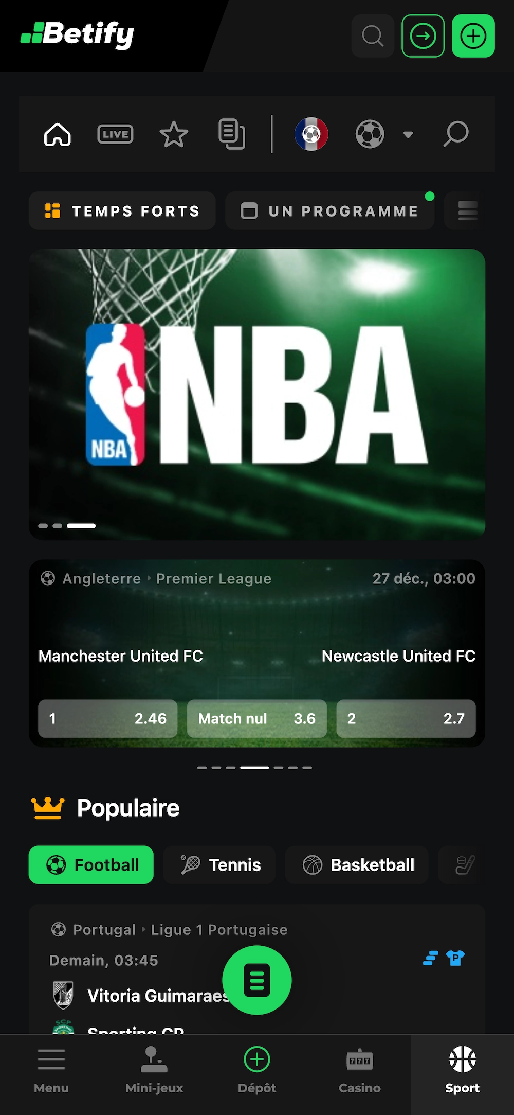Interface mobile des paris sportifs du casino Betify montrant les matchs de football, cotes en direct et navigation sport populaire
