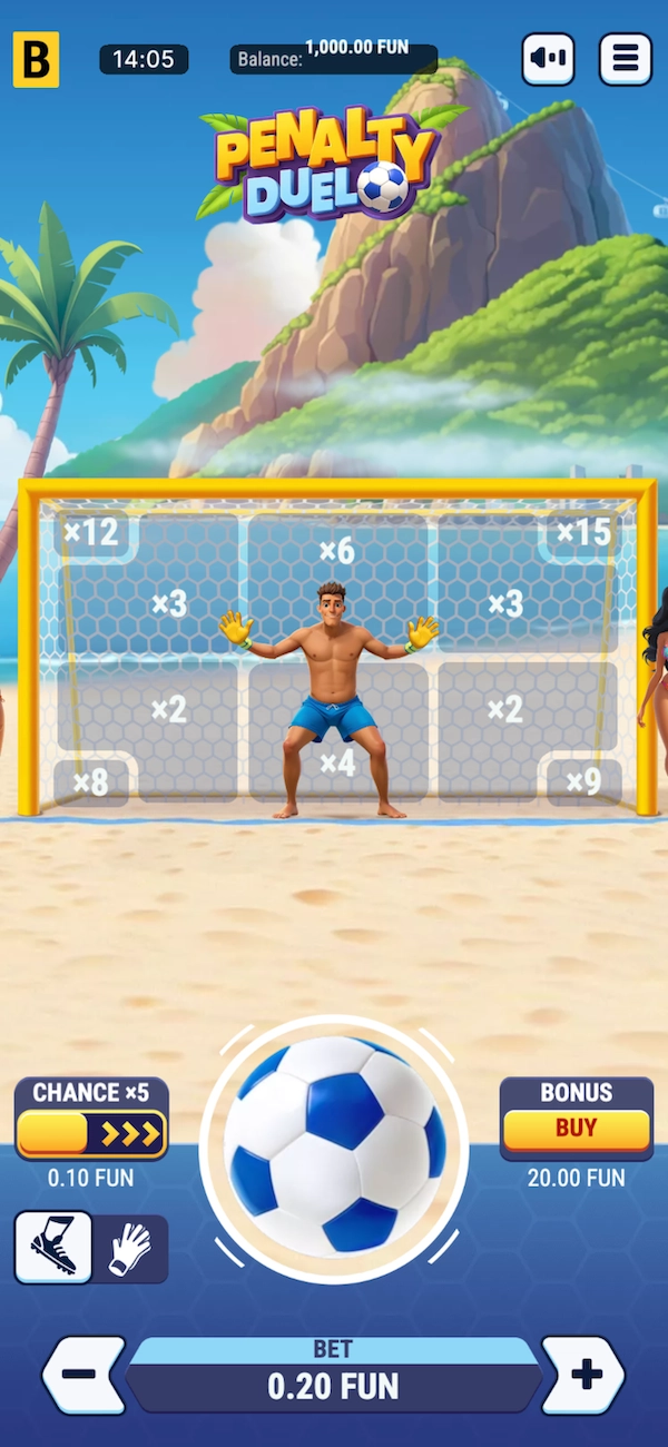 Jeu Penalty Duel de BGaming en mode d&eacute;mo sur mobile avec multiplicateurs visibles dans les cages (x2, x3, x6, x12, x15), option Chance x5 et bouton Buy Bonus affich&eacute;s en bas de l&rsquo;&eacute;cran.