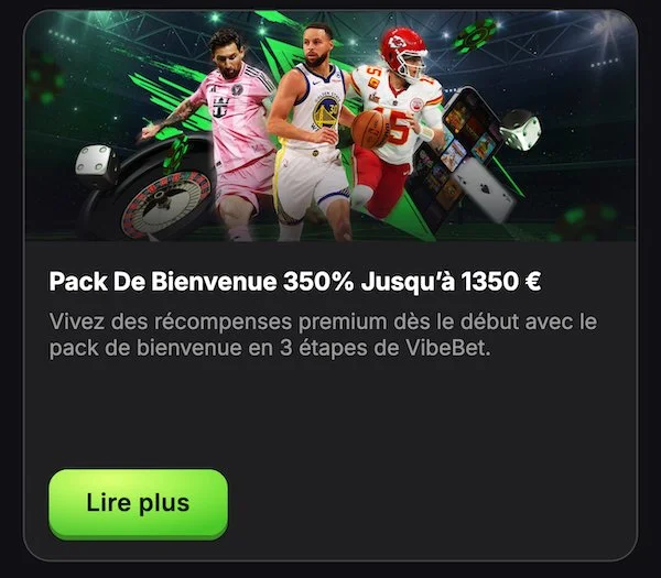 Pr&eacute;sentation du bonus de bienvenue classique de Vibebet sur mobile avec le pack 350 % jusqu'&agrave; 1 350 euros et trois sportifs en arri&egrave;re-plan.