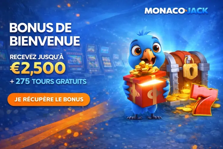Banni&egrave;re promotionnelle MonacoJack Casino avec bonus de bienvenue jusqu&rsquo;&agrave; 2 500 &euro; et 275 tours gratuits, affich&eacute;e sur un fond bleu et orange moderne avec un oiseau tenant un cadeau, un coffre rempli de pi&egrave;ces et un bouton je r&eacute;cup&egrave;re le bonus visible.