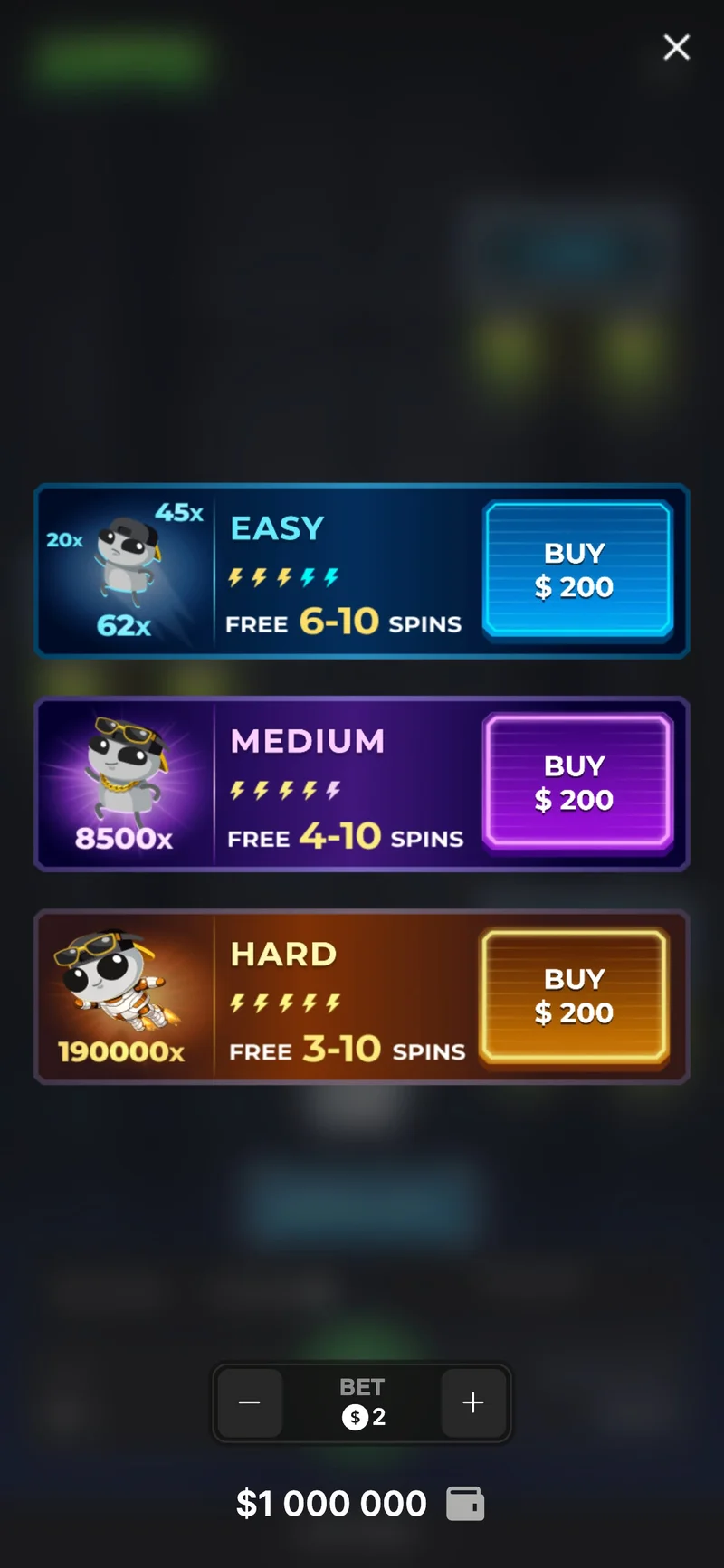Menu d'achat de bonus du jeu Jumper avec les 3 niveaux Easy &agrave; x62, Medium &agrave; x8 500 et Hard &agrave; x190 000, chacun &agrave; 200 dollars.