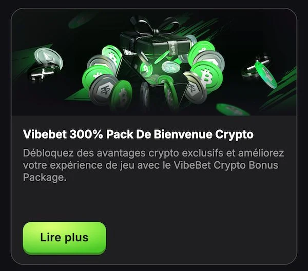 Pr&eacute;sentation du bonus crypto de Vibebet sur mobile avec le pack &agrave; 300 % et des pi&egrave;ces de cryptomonnaies en illustration sur fond sombre.