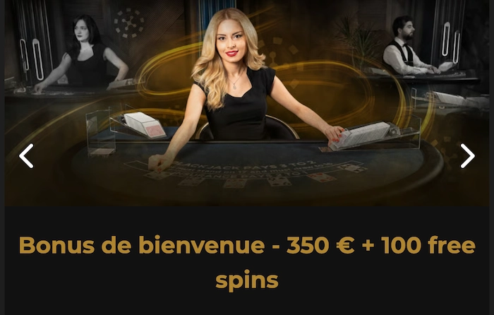 Bannière promotionnelle Casino Extra Tournament mettant en avant le bonus de bienvenue de 350 € et 100 free spins avec croupière de blackjack et flèches de navigation