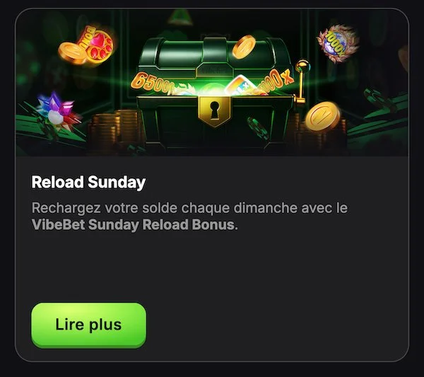 Pr&eacute;sentation du bonus Reload Sunday de Vibebet sur mobile avec un coffre au tr&eacute;sor ouvert et le titre Reload Sunday affich&eacute; en blanc.