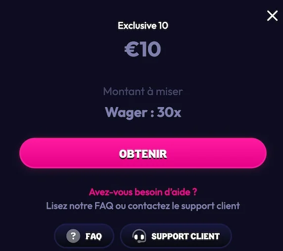 en&ecirc;tre promotion Exclusive 10 du casino Wildzy affichant bonus 10 &euro;, wager 30x et bouton Obtenir en version mobile.