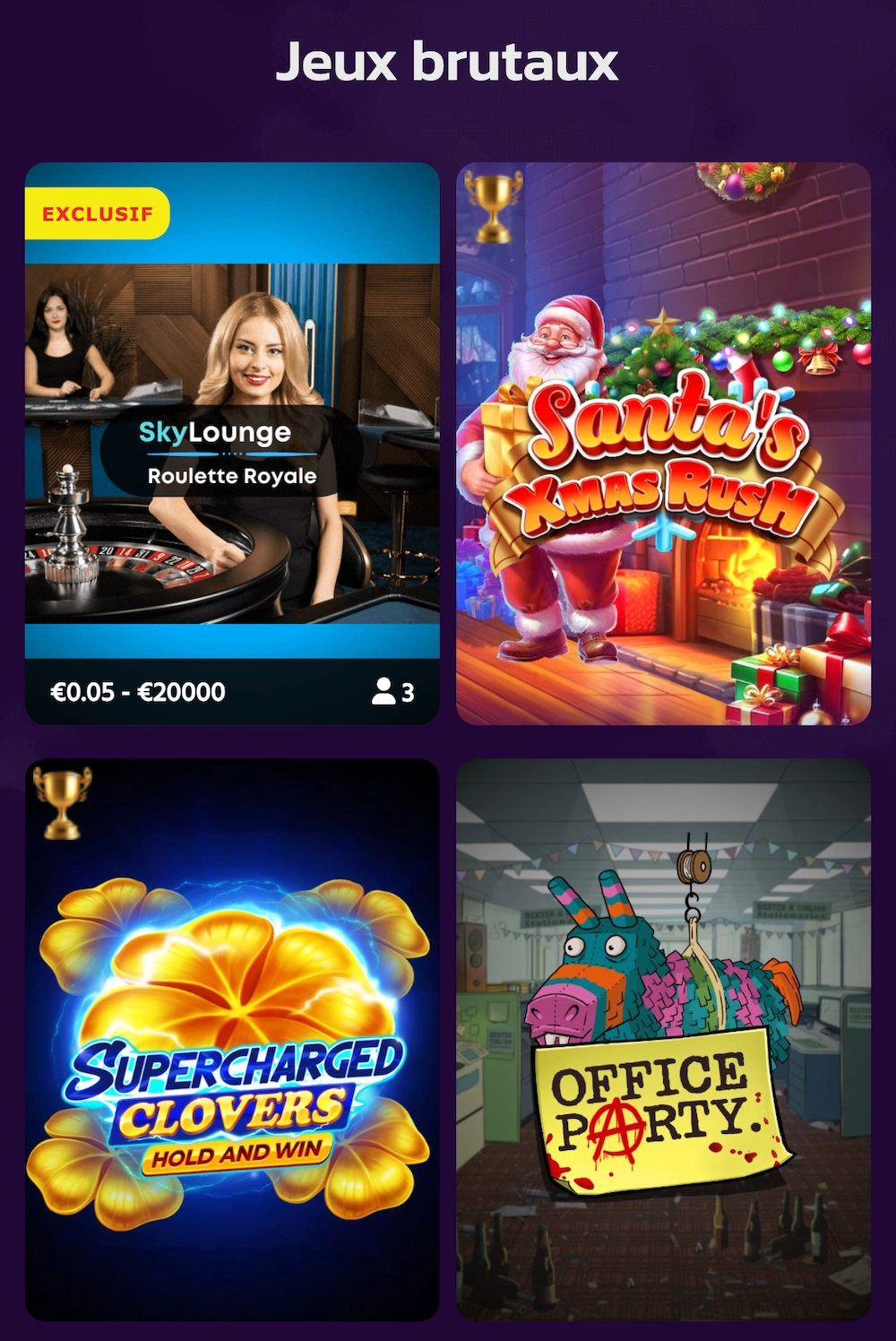 Page jeux brutaux de Brutal Casino avec jeux exclusifs comme Santa&rsquo;s Xmas Rush et Supercharged Clovers mis en avant