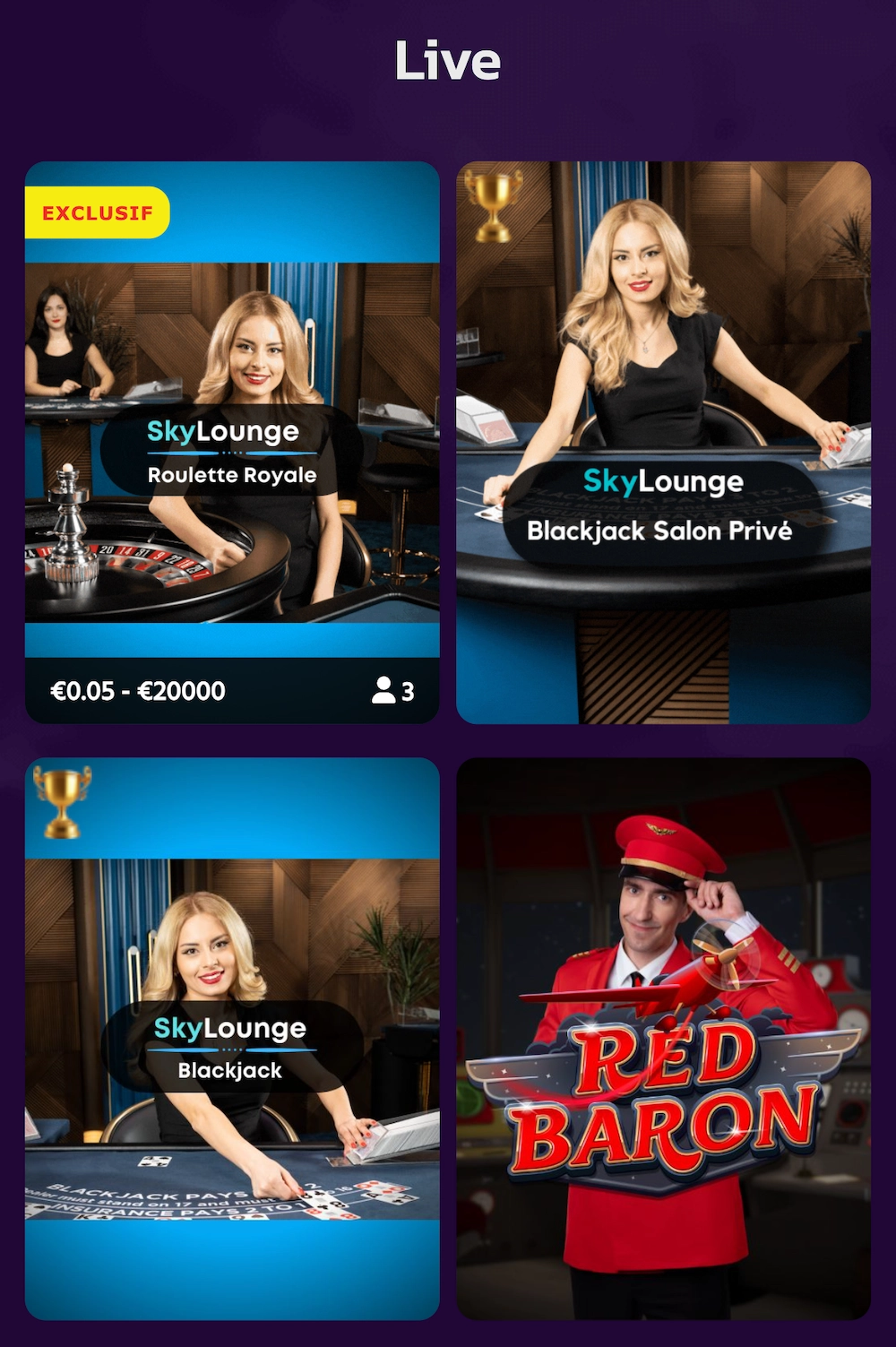 Section casino live de Brutal Casino montrant des tables SkyLounge de roulette et blackjack avec croupiers en direct