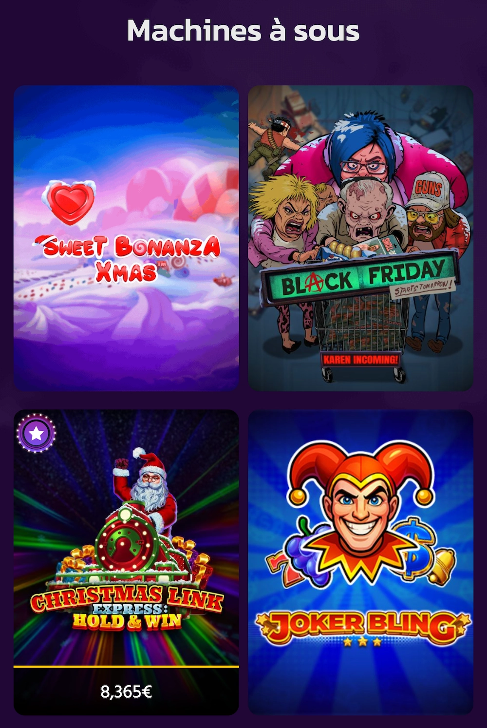 Catalogue des machines &agrave; sous Brutal Casino avec jeux populaires comme Sweet Bonanza Xmas, Joker Bling et Christmas Link Express