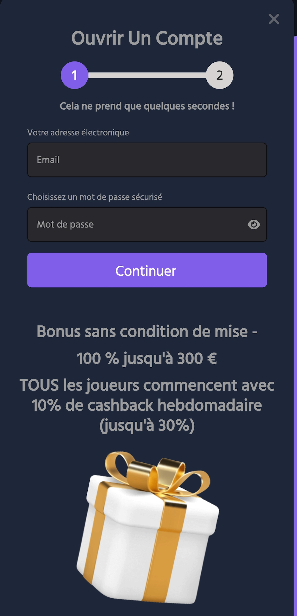 Formulaire d&rsquo;inscription Brutal Casino sur mobile avec champ email, mot de passe et rappel du bonus sans condition de mise